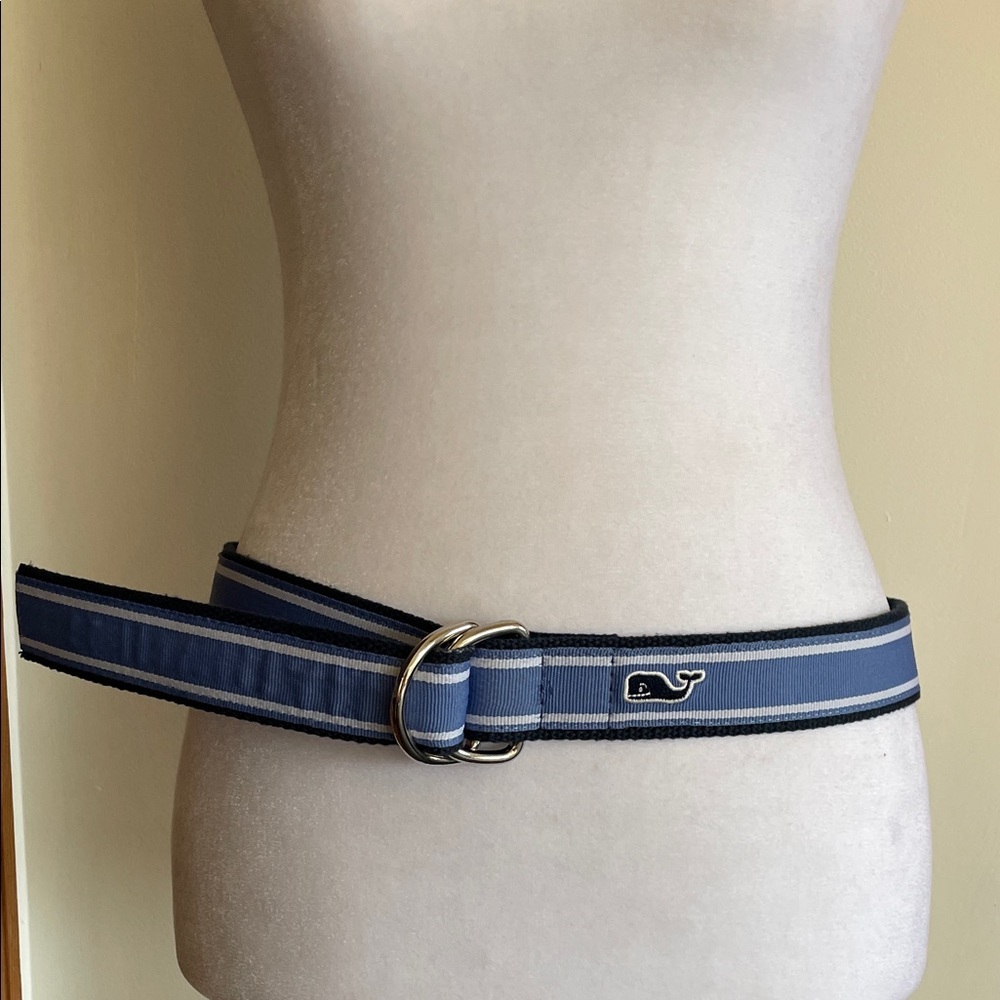 VINEYARD VINES D-Ring Webbed Cotton Navy and Light Blue Stripe Belt M
